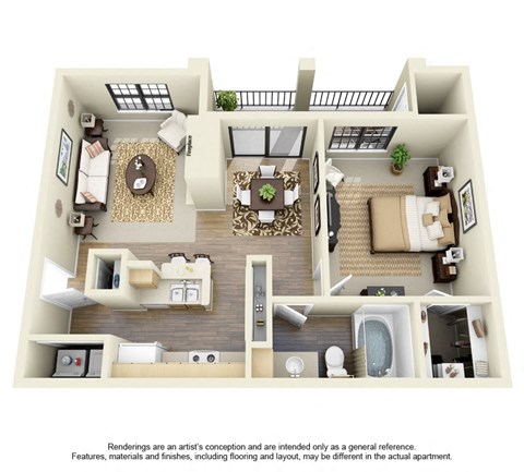 Floor plan for 1 bed, 1 bath, 740 sqft